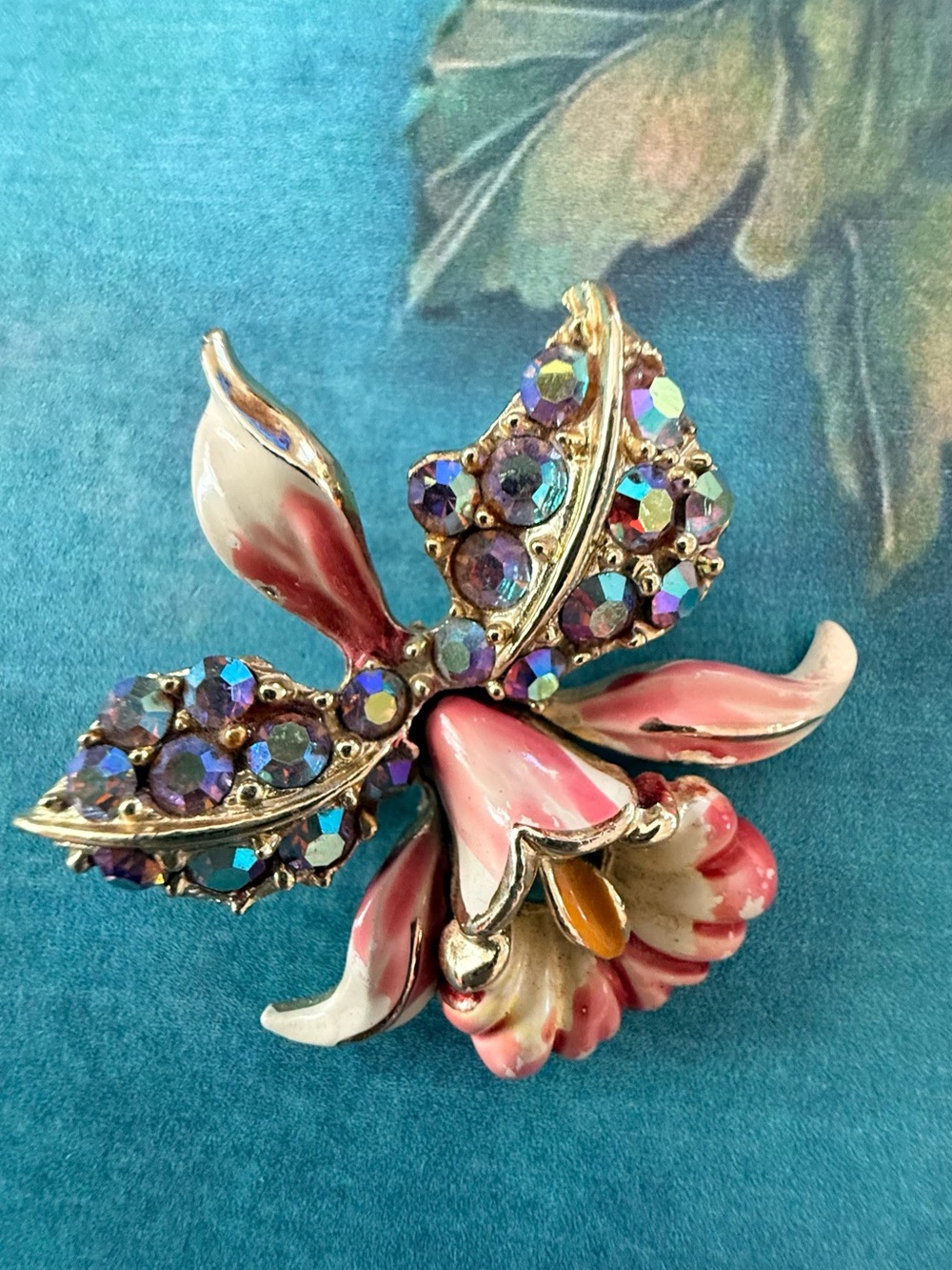 Small Pink Enamel Floral Brooch with Aurora Borealis Crystals